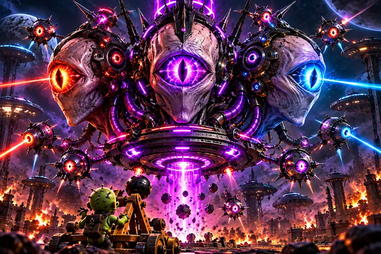 Zombie catapult facing a giant alien mothership